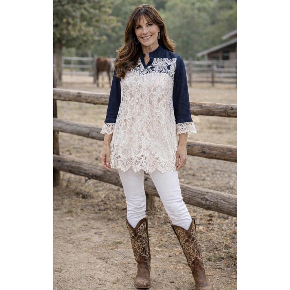 L&B Women's Large Navy Blue Denim and White Lace Overlay Top Size Large